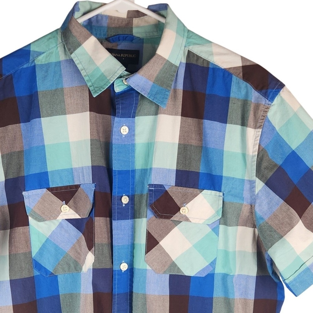 Banana Republic Mens L Short Sleeve Plaid Button Down Shirt Blue Brown Cotton